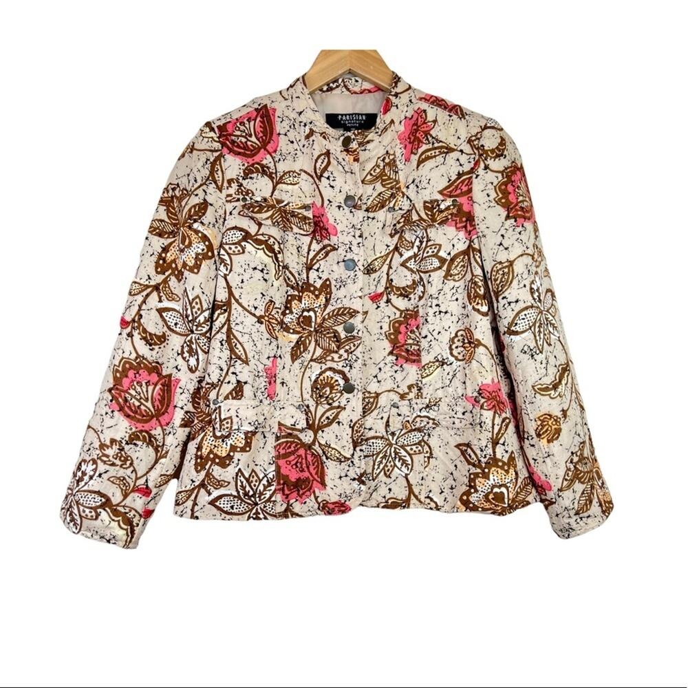 Parisian Signature blazer 10P linen blend tan floral snap front lightweight boho